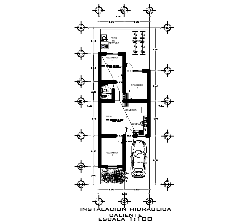 Hot water installation of 6x19m house plan is given in this 2D AutoCAD drawing model.Download now.