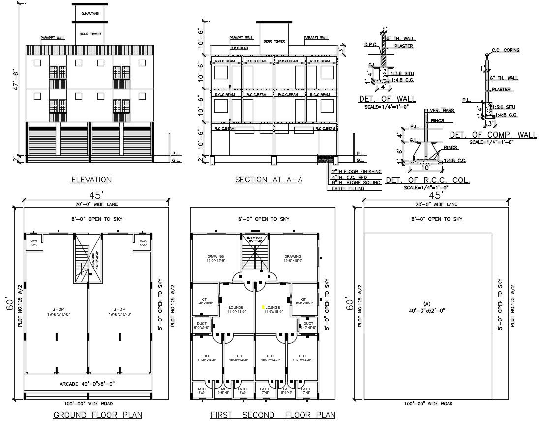 House Plan with Elevation and Section Plan