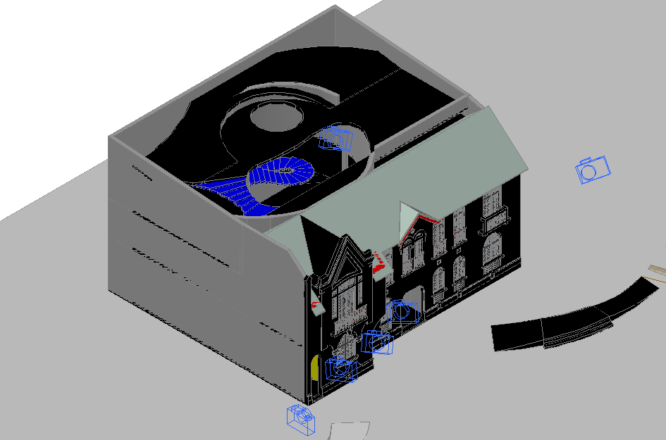 House 3d view with camera position and preview of house dwg file
