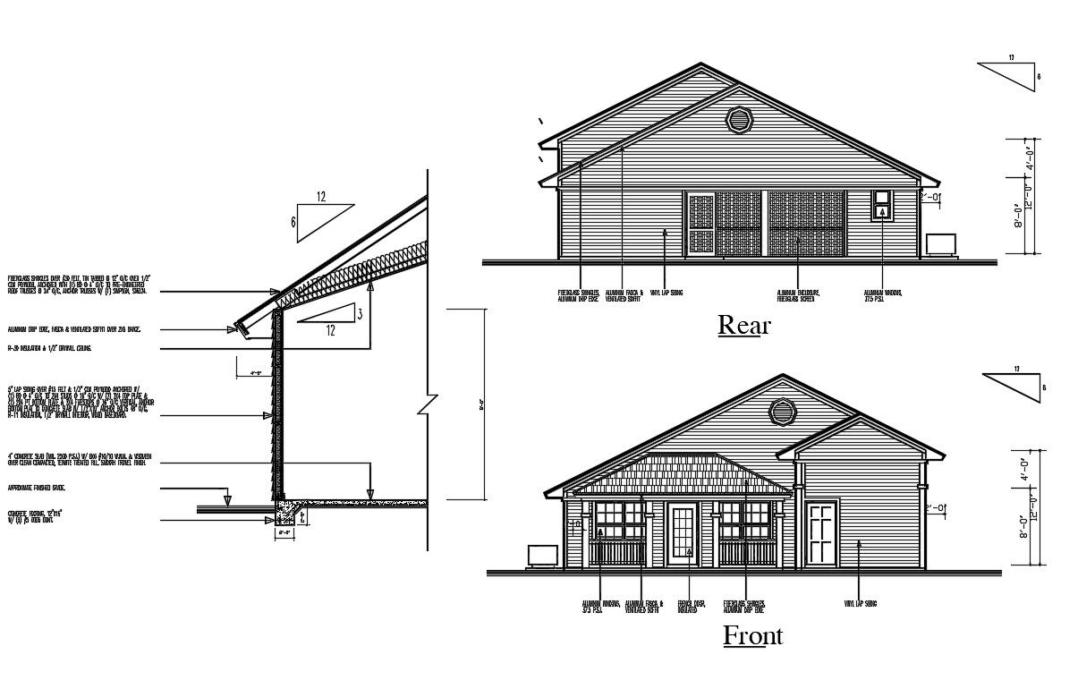 House Elevation With Wall Section CAD Drawing