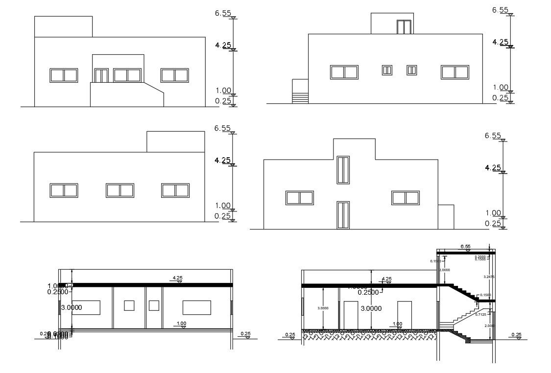 House Four Side Elevations And Section Design AutoCAD Drawing
