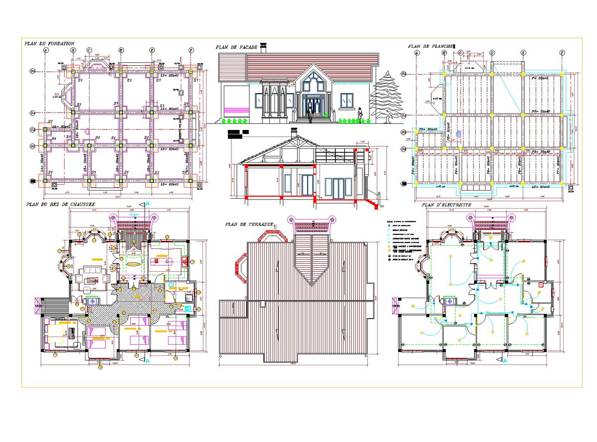 House Plan, elevation and section autocad file