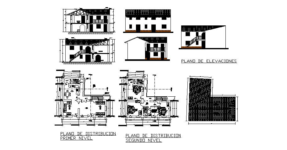 House all sided elevation, cover plan, floor plan and section details dwg file