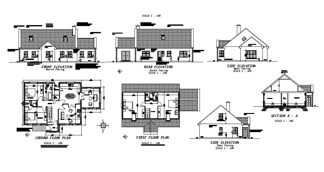 House all sided elevation, section, ground and first floor plan cad drawing details dwg file