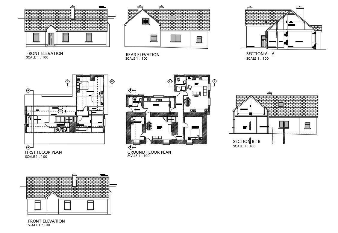 House all sided elevation, section and ground, and first floor plan details dwg file