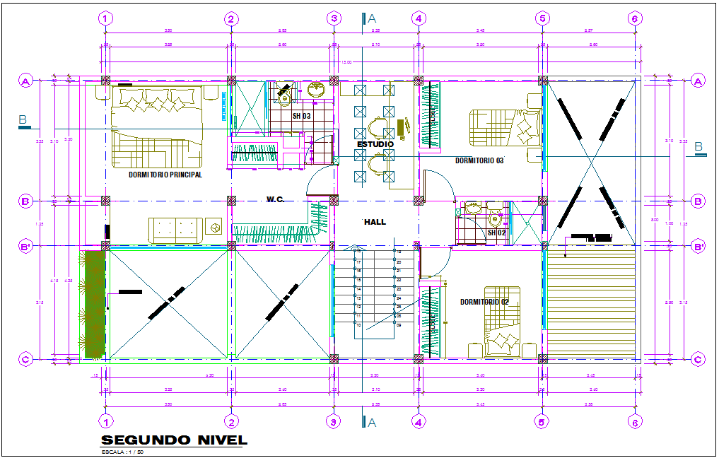 House architectural view with second floor plan dwg file