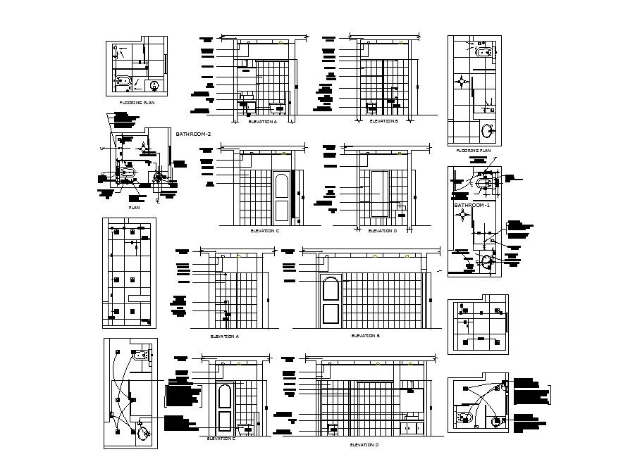 House bathroom elevation, section, plan and installation details dwg file