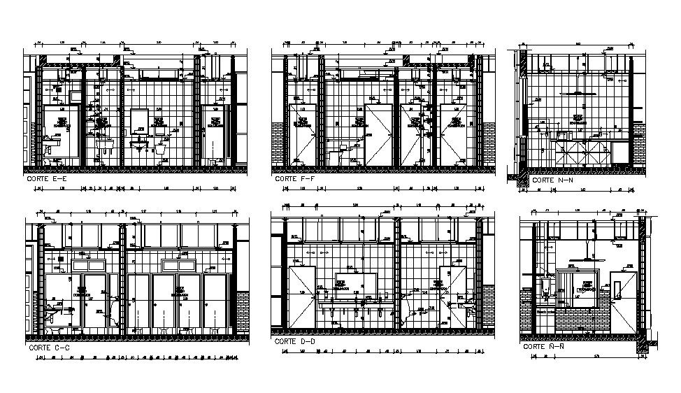 House bathrooms and kitchen section, plan and installation details dwg file