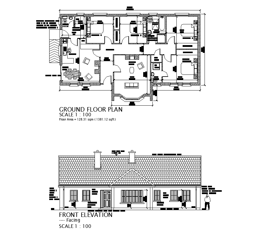 House building construction plan and elevation layout autocad file