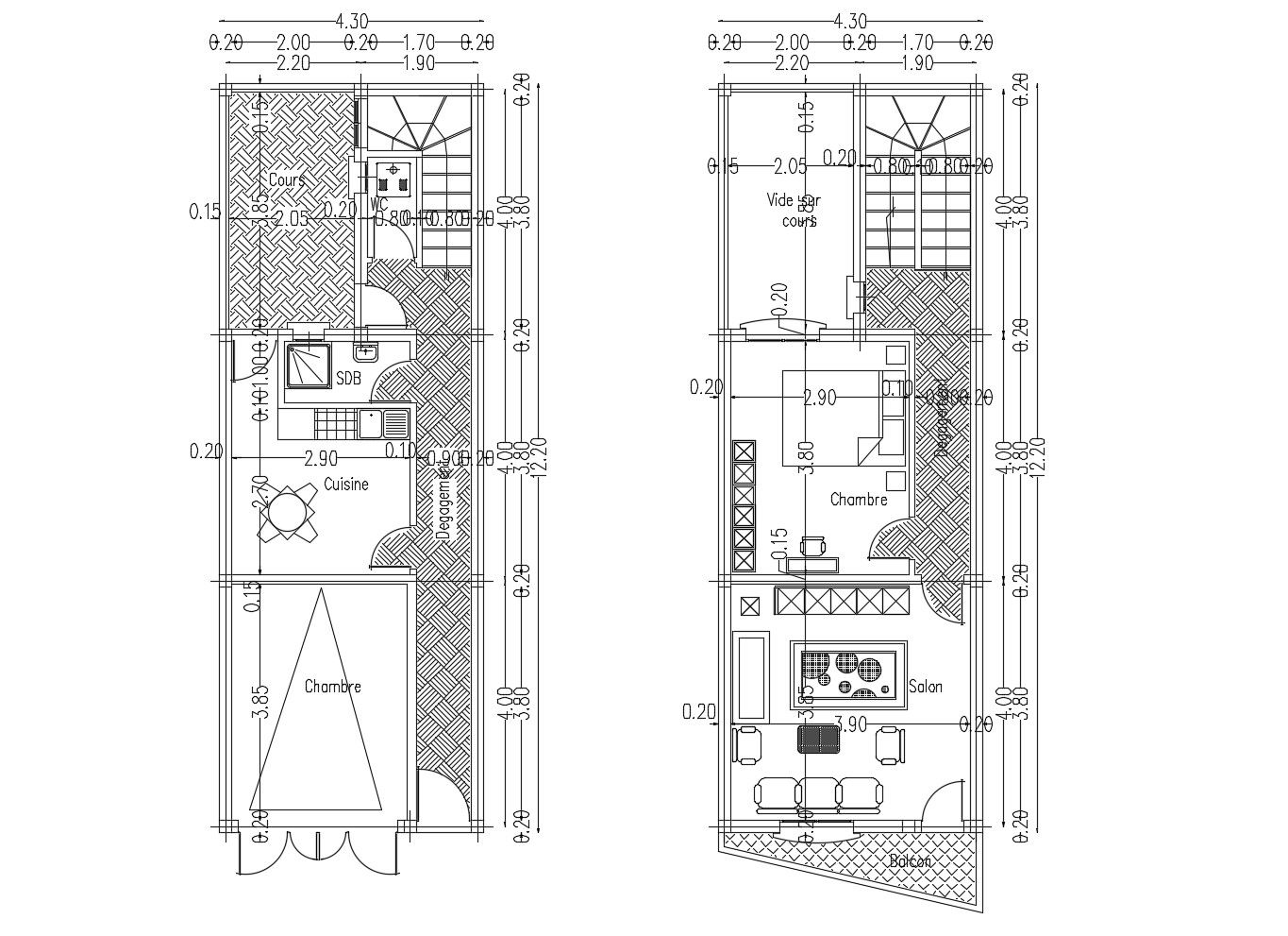 House design 4.30mtr x 12.20mtr with detail dimension in dwg file 