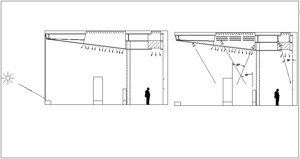 House design view with sun effect and its ray view dwg file