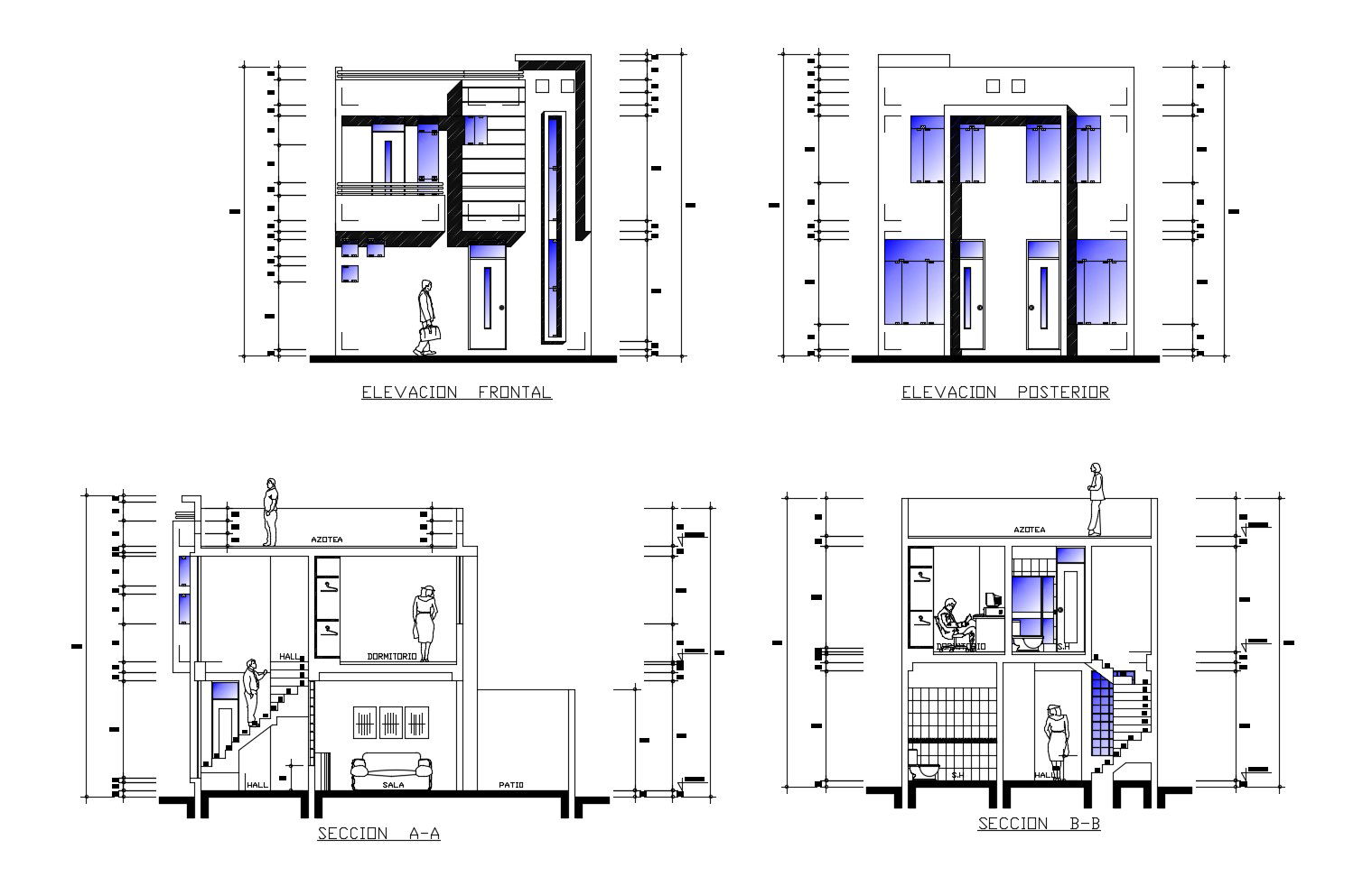 House design with elevation and section in dwg file