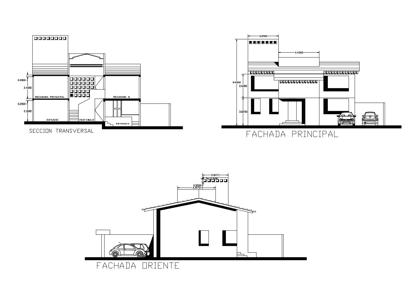 House design with elevation and section in dwg file