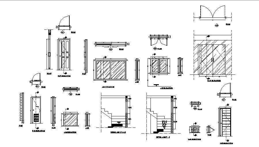 House doors and windows installation and staircase details dwg file