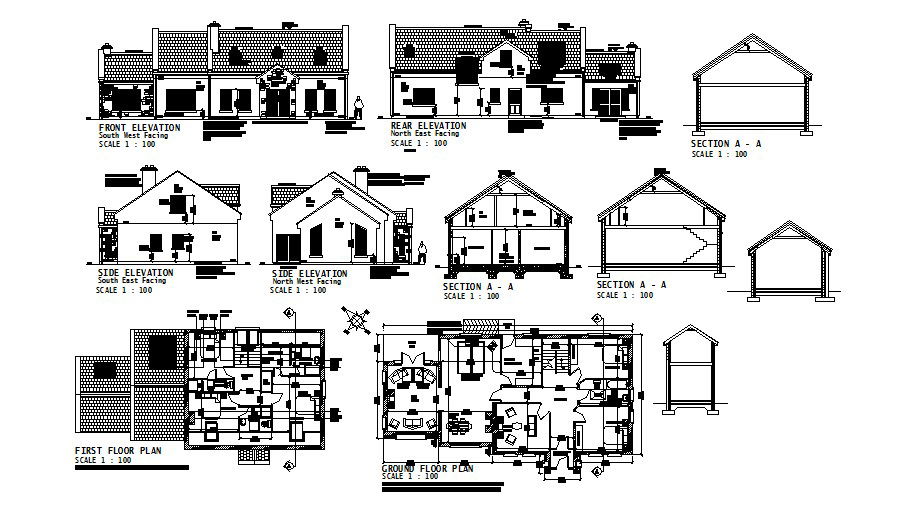 House drawing elevation, section and floor plan details dwg file