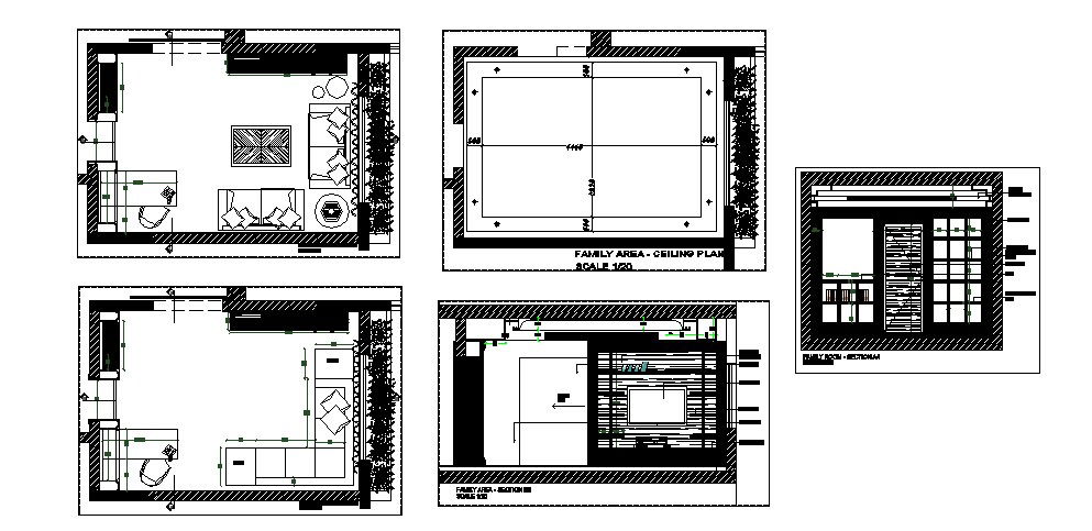 House drawing room section, plan and interior details dwg file