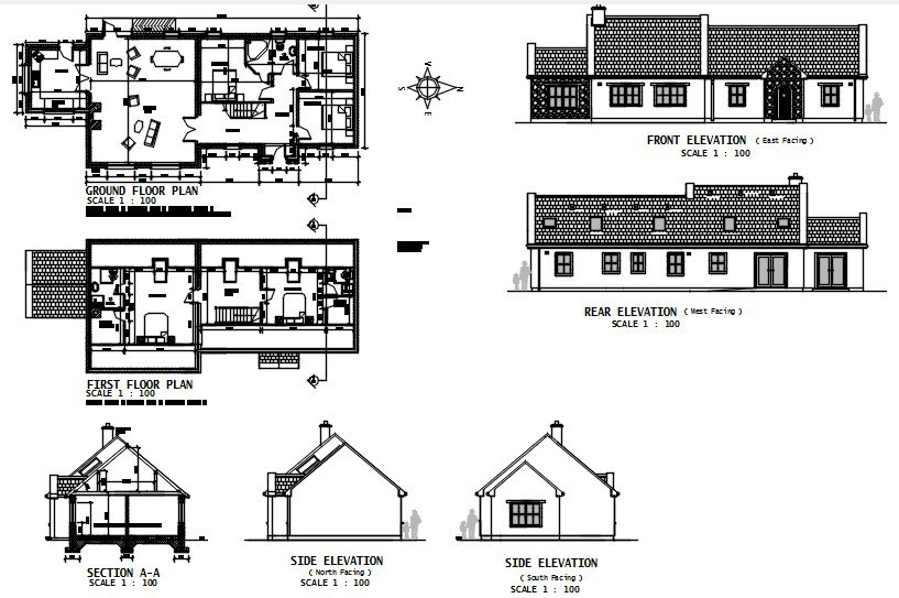 Residential House Drawings With Floor Plan And Elevation Layout