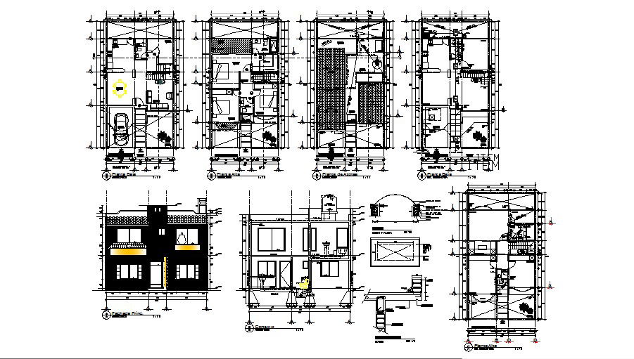 House elevation, section, floor plan, structure and auto-cad details dwg file