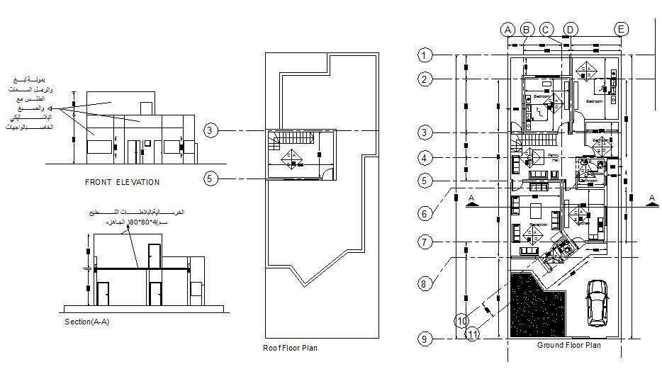 House elevation, section, roof plan and ground floor plan details dwg file