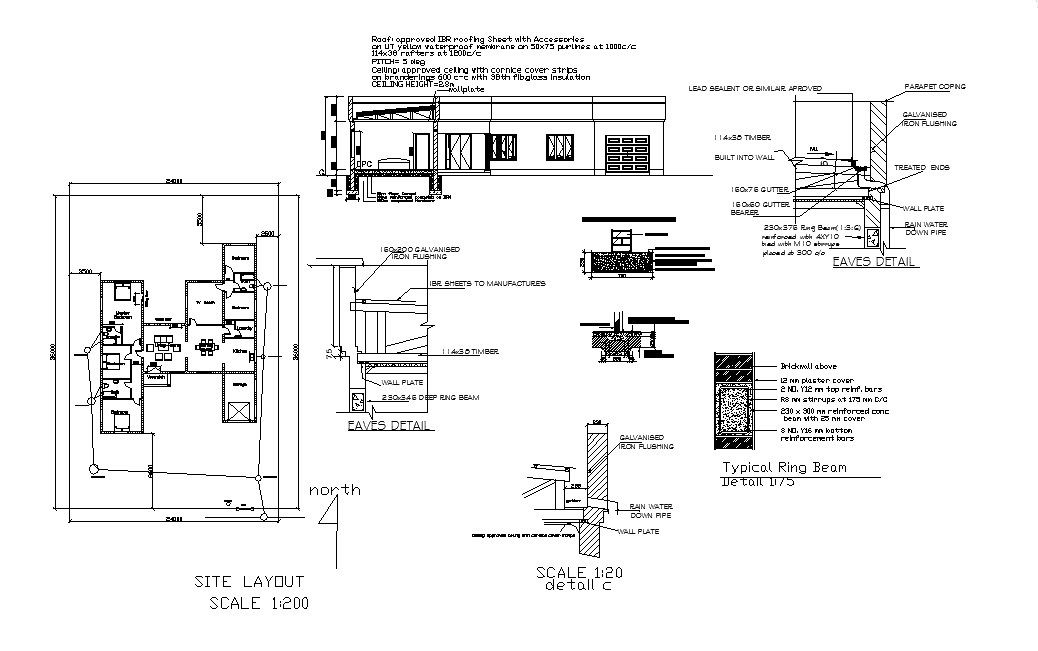 House elevation, site layout and construction cad drawing details dwg file