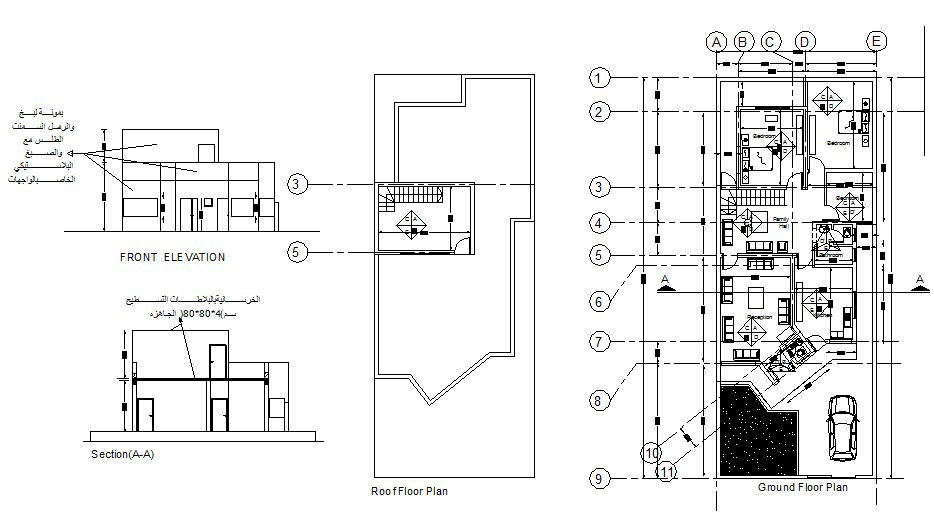 House elevation, section, roof plan and ground floor plan details dwg file