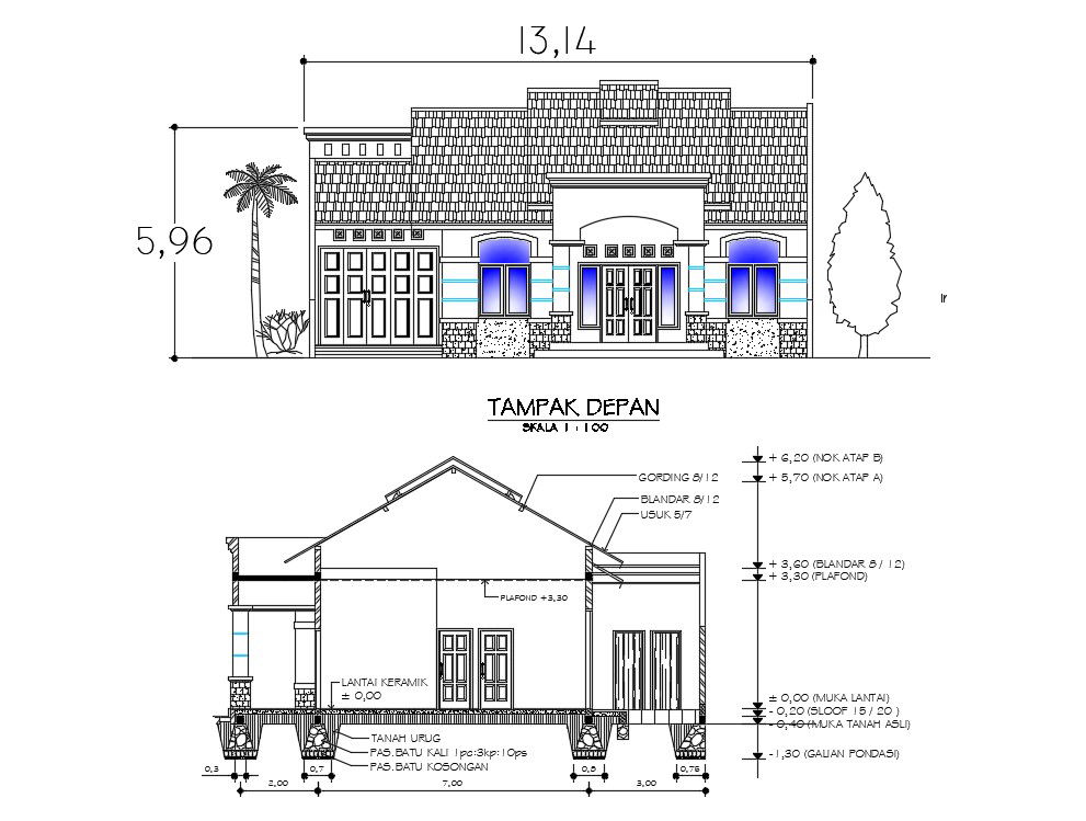 House elevation and Architecture section CAD file
