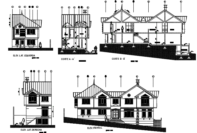 House elevation and section plan detail dwg file