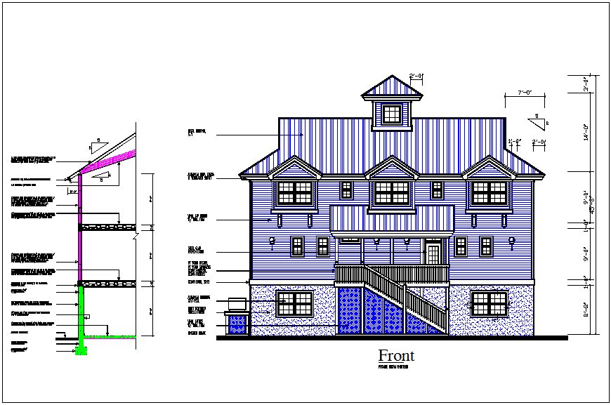 House elevation view, section view of side wall & roof connection dwg file