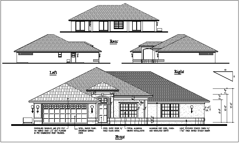 House elevation view detail dwg file