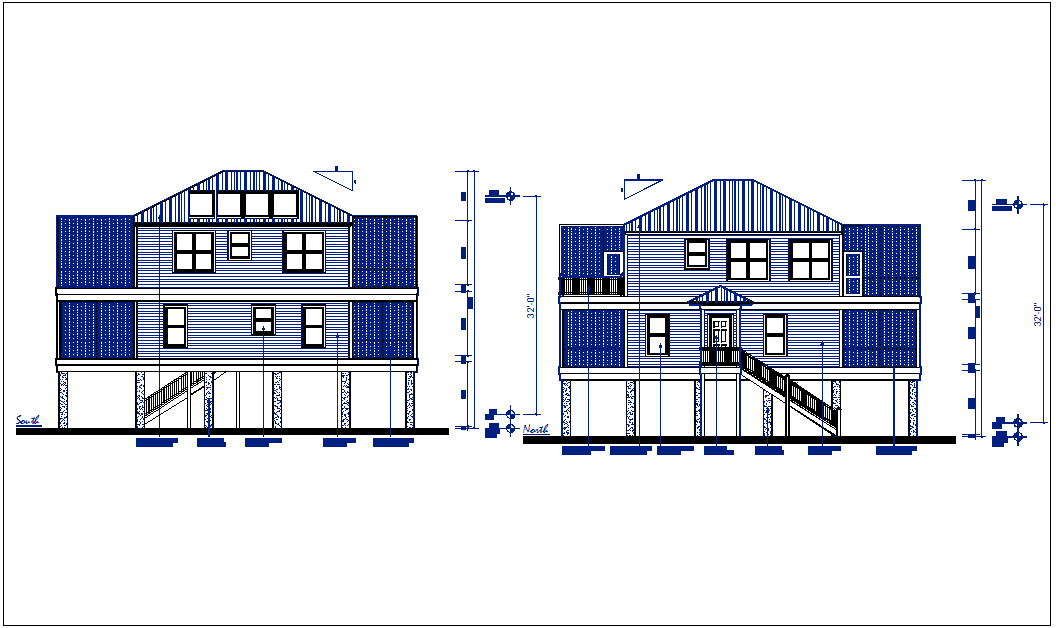 House elevation view detail dwg file