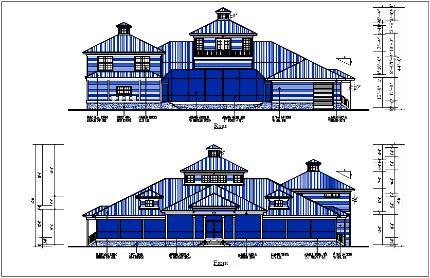 House elevation view detail dwg file