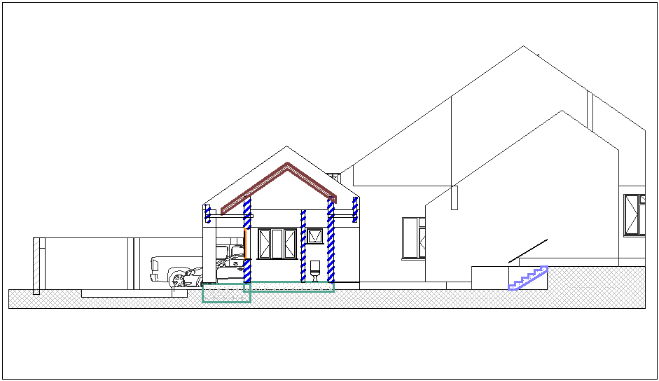 House elevation view with view of stair dwg file