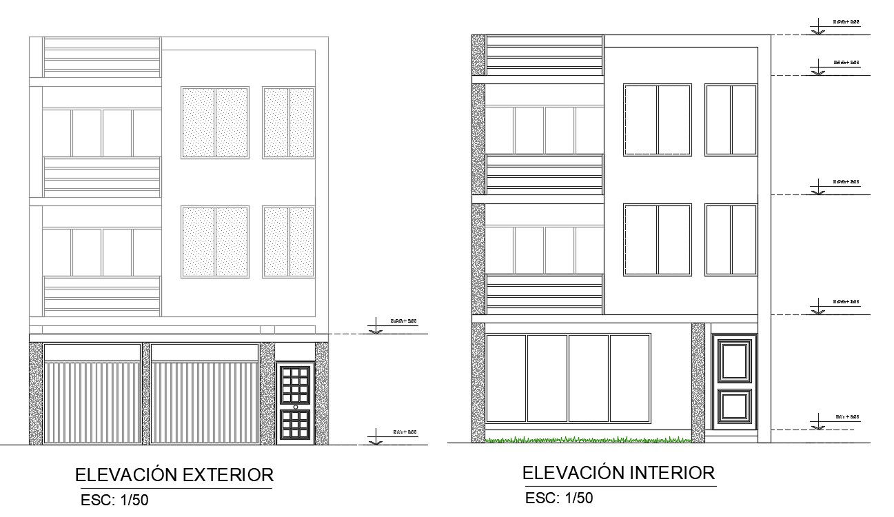 House elevation with interior and exterior in dwg file