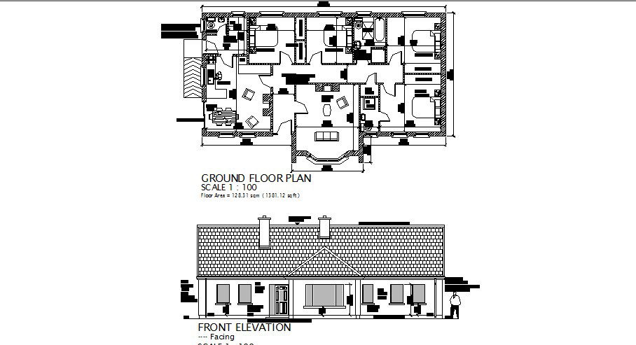 House facing elevation and distribution plan cad drawing details dwg file