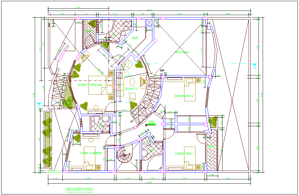 House floor plan with view of second floor plan dwg file
