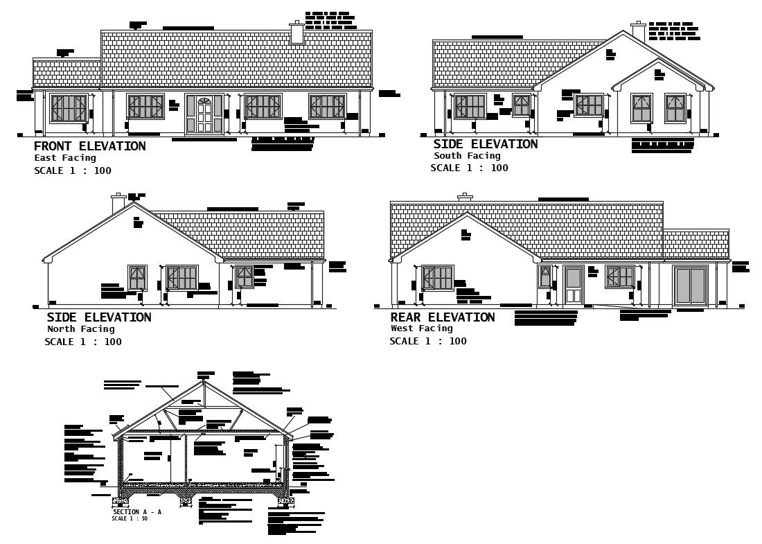 House front, side, rear elevation and main sectional details dwg file