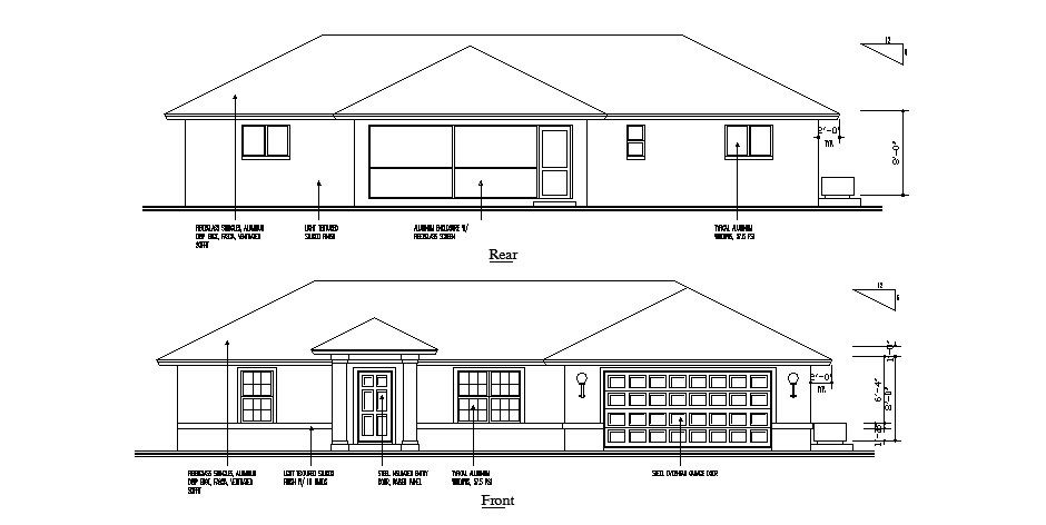 House front and rear elevation cad drawing details dwg file