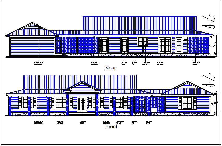 House front and rear elevation view detail dwg file