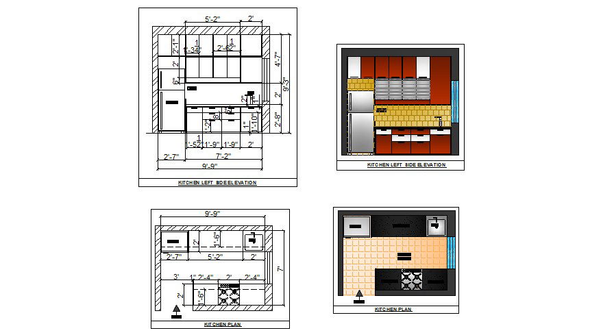 House kitchen all sided elevation and plan cad drawing details dwg file