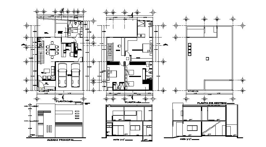 House plan 10mtr x 14mtr with elevation and section in dwg file