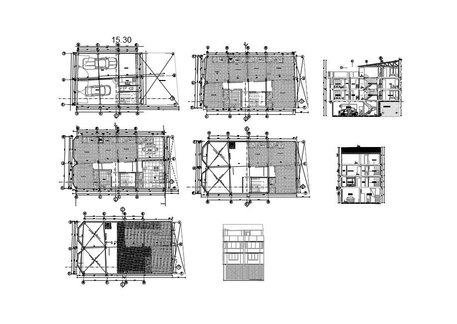 House plan 15.50mtr x 8.95mtr with elevation and section in AutoCAD
