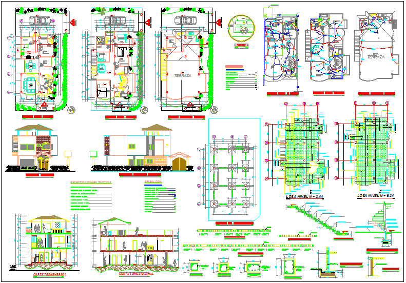 House plan and elevation view with electrical and structural view with detail dwg file