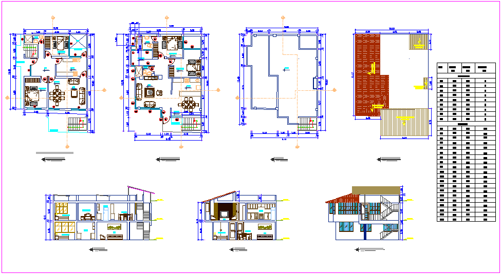 House plan design view with elevation and sectional view with door and window detail dwg file