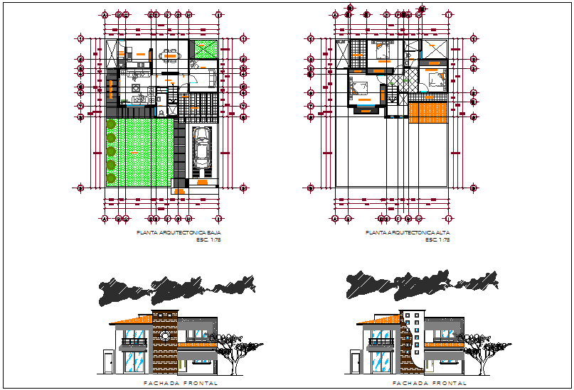 House plan design view with elevation view dwg file