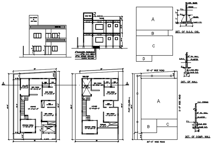 House plan with section and elevation in dwg file