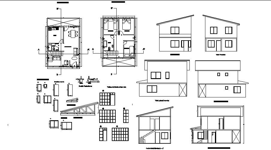 House plan with section and elevation in dwg file
