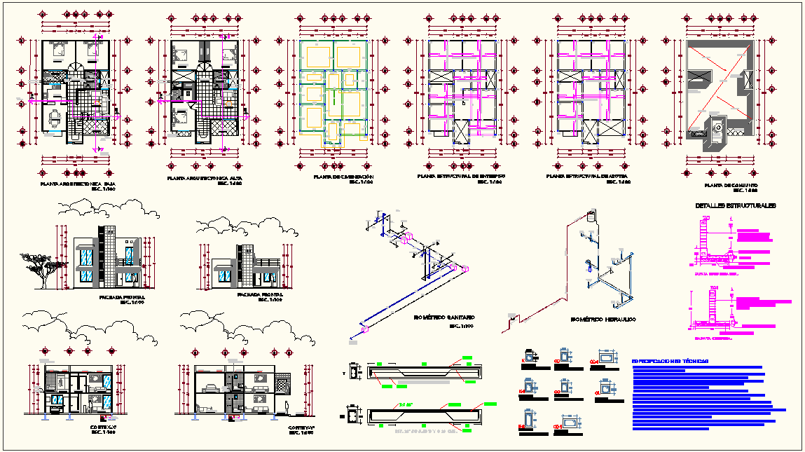 House project plan with architect plan,structural,hydraulic view design dwg file