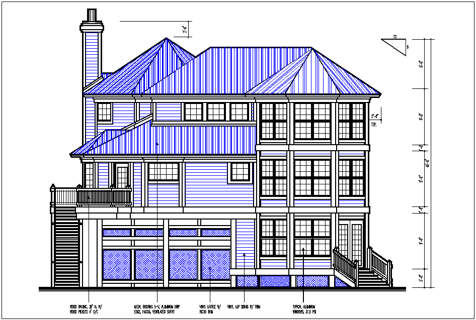 House side elevation view detail dwg file