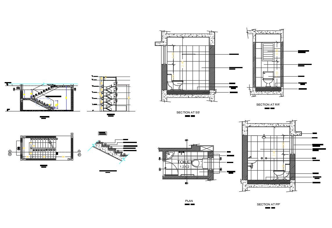 House stairways section and sanitary installation details dwg file