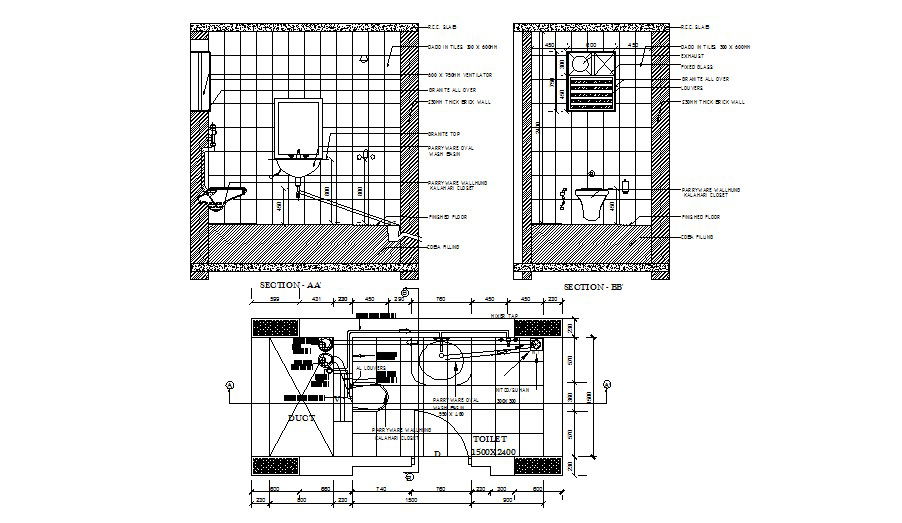 House toilet section and sanitary installation details dwg file